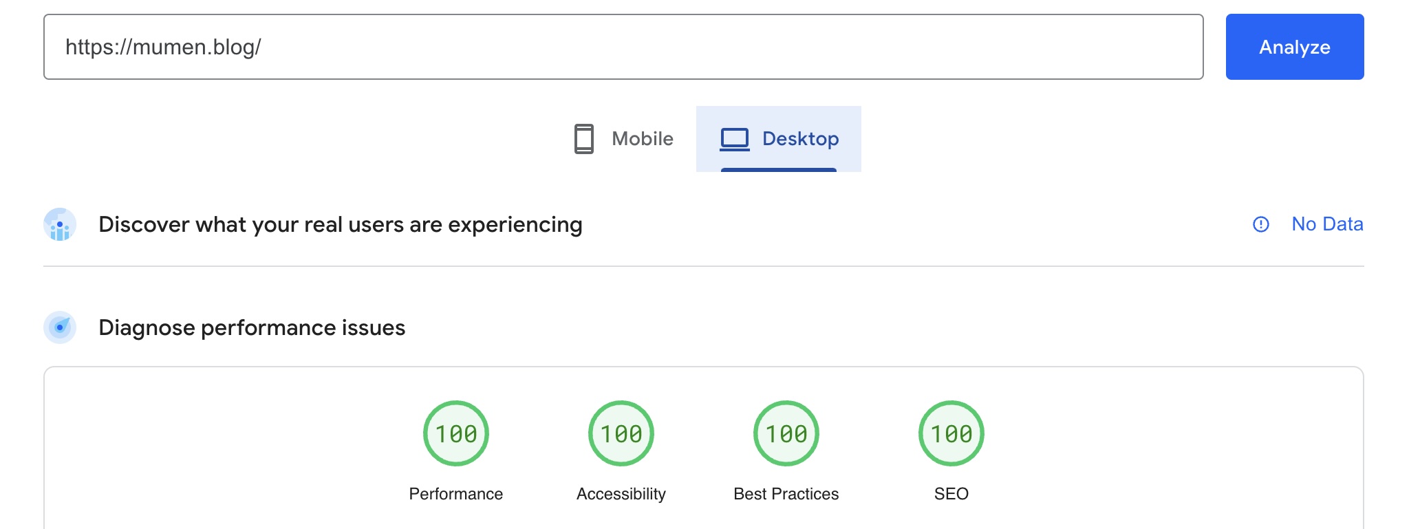 Mumen.blog's Web Vitals Score from PageSpeed Insights